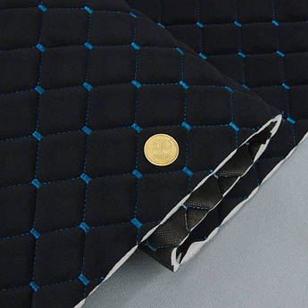 Велюр стьобаний «Ромб чорний» (прошитий бірюзовою ниткою) на поролоні 7мм та флізеліні, ширина 135см