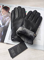 Чоловічі шкіряні рукавички, підкладка махра чорні