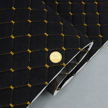 Велюр стьобаний «Ромб чорний» (прошитий темно-золотою ниткою) на поролоні 7мм та флізеліні, ширина 135см