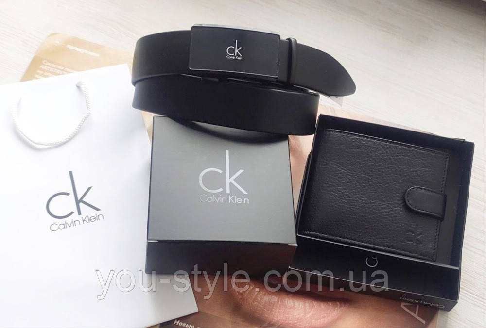 Чоловічий шкіряний подарунковий набір Calvin Klein ремінь і гаманець чорний