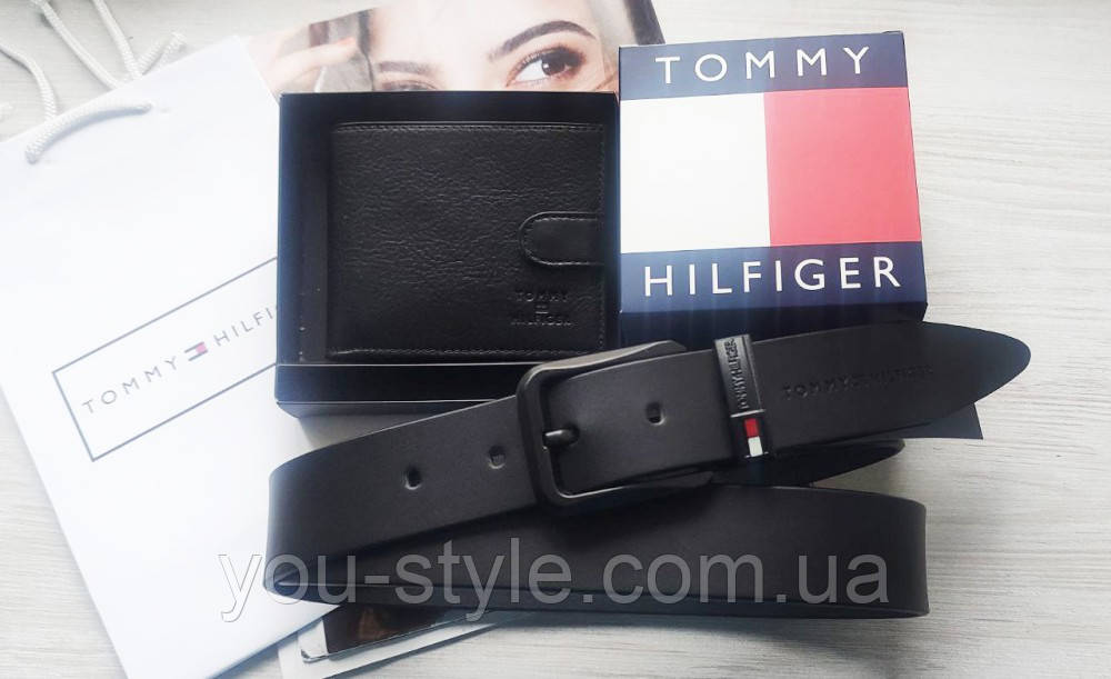 Чоловічий подарунковий набір TOMMY шкіряний ремінь і гаманець black