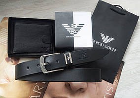 Чоловічий чорний подарунковий набір Armani шкіряний ремінь і гаманець