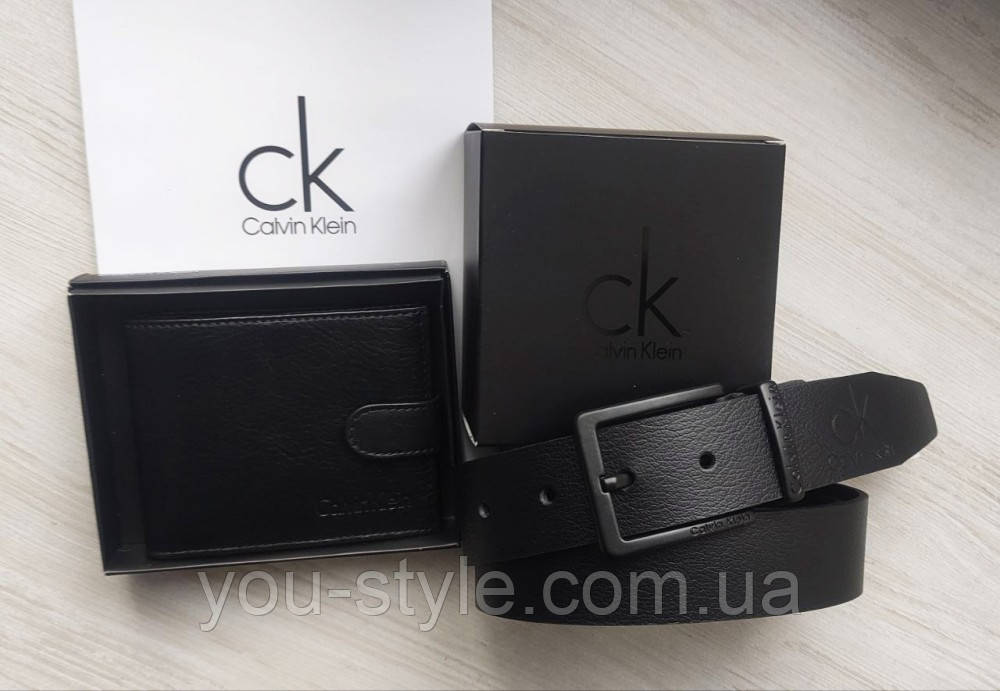 Чоловічий подарунковий набір Calvin Klein шкіряний ремінь і гаманець, чорний