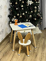 Квадратный столик "Монтессори" с ящиком и стульчик ''Банни'' из дерева Белый