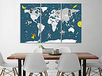 Печать на холсте Карта мира детская , картина для ребенка на стену 210, 140, 3