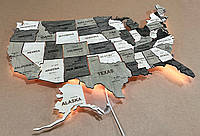 Деревянная карта США с подсветкой RGB и дорогами на акриле цвет Black&White XS - 100х66см