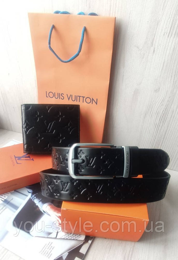 Чоловічий шкіряний подарунковий набір: ремінь і гаманець Louis Vuitton black
