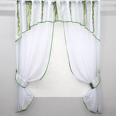 Кухонні штори (280х170см.) з ламбрекеном, на карниз 1-1,5м. Колір білий з зеленим. Код 084к 59-785