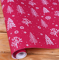 Упаковочная бумага новогодняя "Елочки на красном" глянець на метраж 70см 1м
