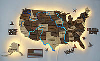 Карта США на акриле с дорогами и подсветкой рек и по контуру цвета Wander XS - 100х66см