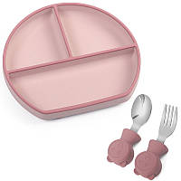 Силиконовая трехсекционная тарелка 2Life Y26 и металлические приборы Y19 Розовый с малиновым (v-11548)