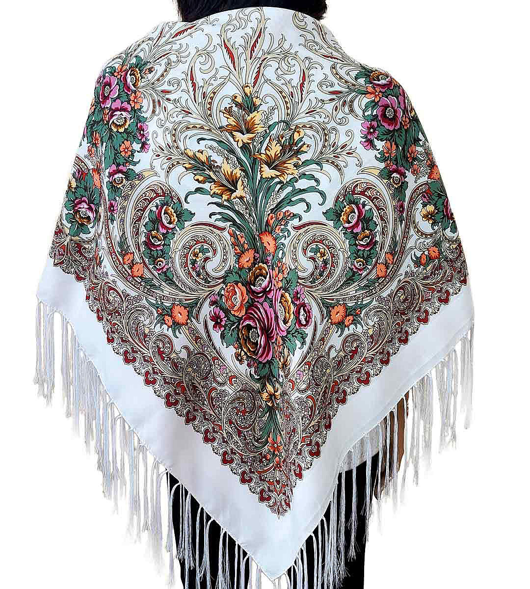 Хустка народна з бахромою Букет 120*120 біла