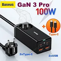 Сетевое зарядное устройство Baseus GaN3 Pro 100W с розеткой + кабель Type-C 100W (CCGAN100-1ACE)