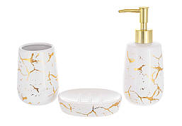 Аксесуари для ванної дозатор для мила, склянка для зубних щіток та мильниця, дизайн - білий із золотом