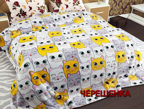 Світлий флісовий плед покривало з котиками 180х215 см на двоспальне ліжко, фото 1