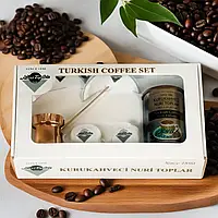 Кава на подарунок, Подарунковий набір для любителя кави (Кава мелена турецька, турка та 2 чашки зі блюдцем)