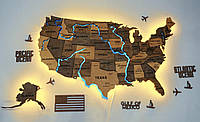 Настенная карта США на акриле с дорогами с подсветкой рек и по контуру Elis XS - 100х66см