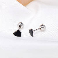 Сережки-цвяшки у формі крихітних сердець зі стерлінгового срібла 925 проби, чорна емаль