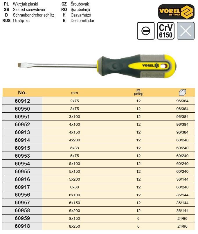 Викрутка плоска шліц 6 х 200 мм CrV VOREL-60958