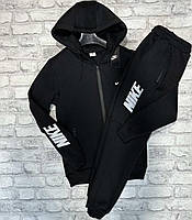 Спортивный костюм мужской "Nike"  с капюшоном (ткань трехнитка, брюки с манжетом) черный с белыми логотипами