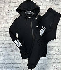 Спортивний костюм чоловічий "Nike" з капюшоном (тканина тринитка, штани з манжетом) чорний із білими логотипами
