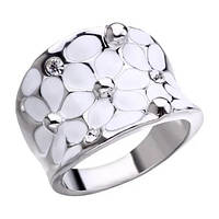 Серебристое женское широкое кольцо Белые Цветочки с камнями фианитами р 18