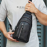 Мужская сумка-слинг из натуральной кожи на одно плечо черная
