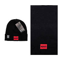 Комплект теплый мужской женский шапка + шарф черный вязаный зимний Хьюго Босс Набор Люкс качест