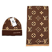 Комплект теплый мужской шапка + шарф коричневый вязаный зимний Louis Vuitton Луи Витон Люкс качество
