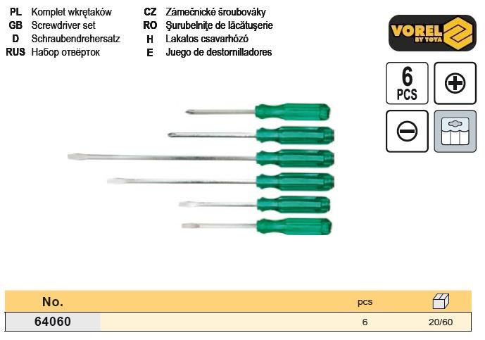 Набір викруток шлицевая хрестоподібна CHAMPION 6 штук VOREL-64060