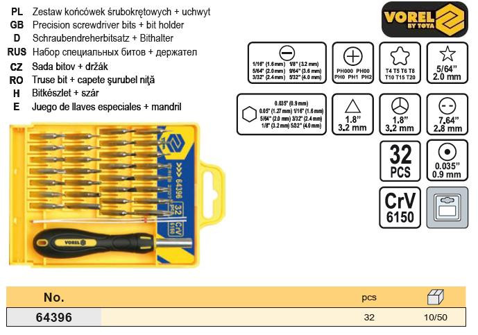 Набор бити насадки для точних работ 32 штуки VOREL-64396