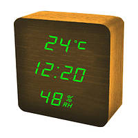 Электронные настольные часы-будильник с термометром VST-872S-4 Коричневые с зеленой подсветкой