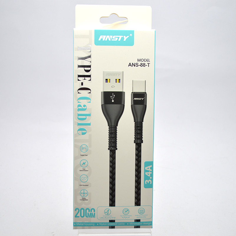 Кабель ANSTY ANS-88-T Nylon Type-C 3.1A 2M Black, фото 1