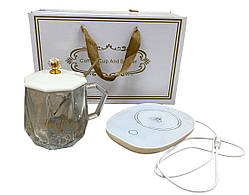 Кухоль скляний із кришкою і підставкою з підігрівом + ложка подарунковий набір білий usb