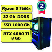 Ігровий комп'ютер/ПК AMD AMD Ryzen 5 7600X  (6 x 5.3 GHz) / 32Gb DDR 5 / SSD 1000 Gb / RTX 4060 Ti 8Gb