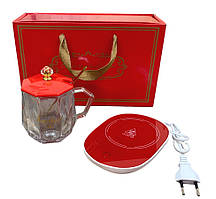 Кухоль скляний із кришкою і підставкою з підігрівом + ложка подарунковий набір червоний