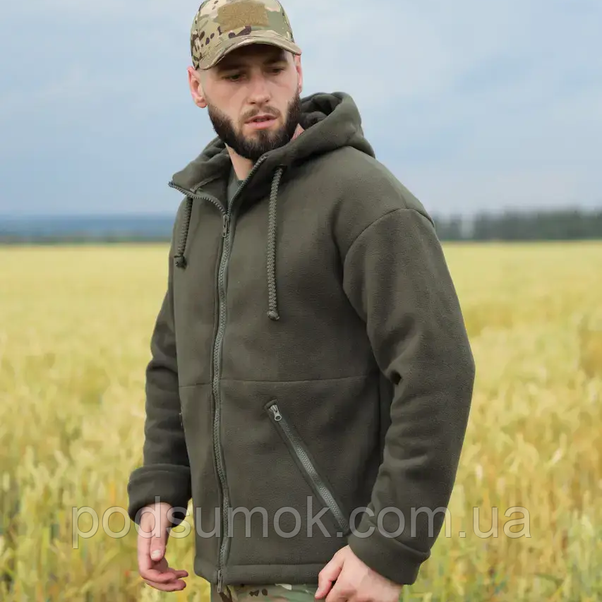 Куртка тактична з капюшоном чоловіча зі щільного флісу та шерпа щільністю 550г/м2 Grizli Олива 48