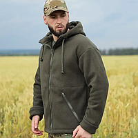 Куртка тактическая с капюшоном мужская из плотного флиса и шерпа плотностью 550г/м2 Grizli Олива 48