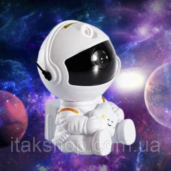 Лазерний нічник-проектор зоряного неба Астронавт 8 режимів свічення з пультом (маленький 12.5см) Білий, фото 1