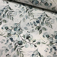 ОТРЕЗ (0,6*2,4м) Фланелевая ткань веточки с листиками бирюзовые на белом (шир. 2,4 м) (FL-Т-0646)