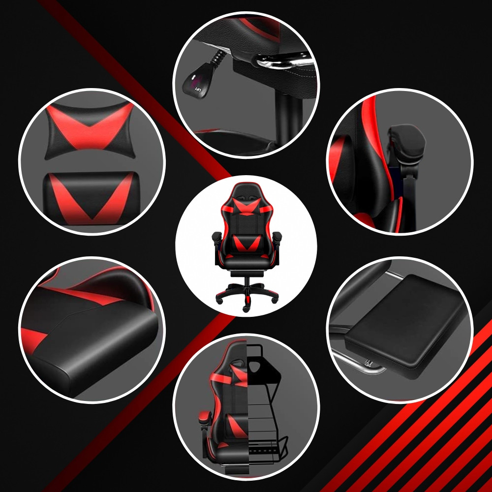 Кресло игровое чёрное PLAYER с подставкой для ног Red/Black Кресло игровое для компьютера с подушкой - фото 4 - id-p2060353439