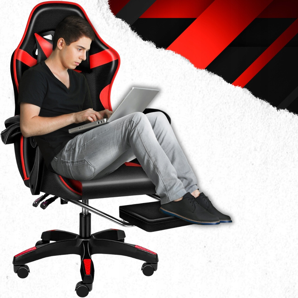 Кресло игровое чёрное PLAYER с подставкой для ног Red/Black Кресло игровое для компьютера с подушкой - фото 10 - id-p2060353439