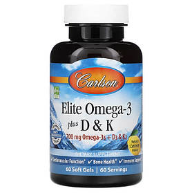 Омега-3 з вітамінами Д і К натуральний смак лимону Elite Omega-3 Carlson, 60 капсул