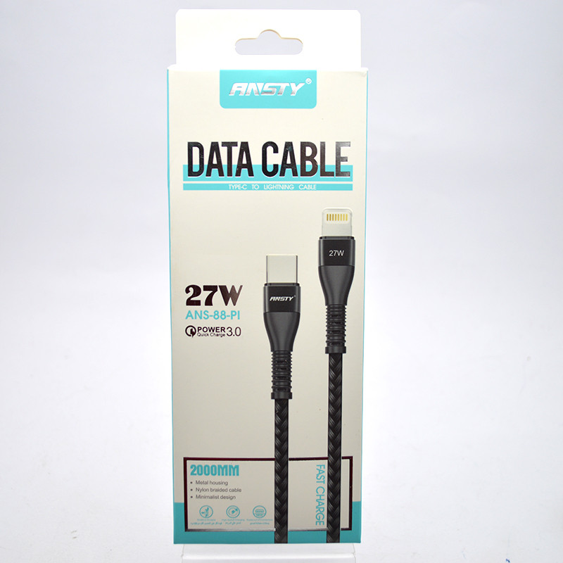 Кабель ANSTY ANS-88-PI Nylon Type-C to Lightning 27W 2M Black, фото 1
