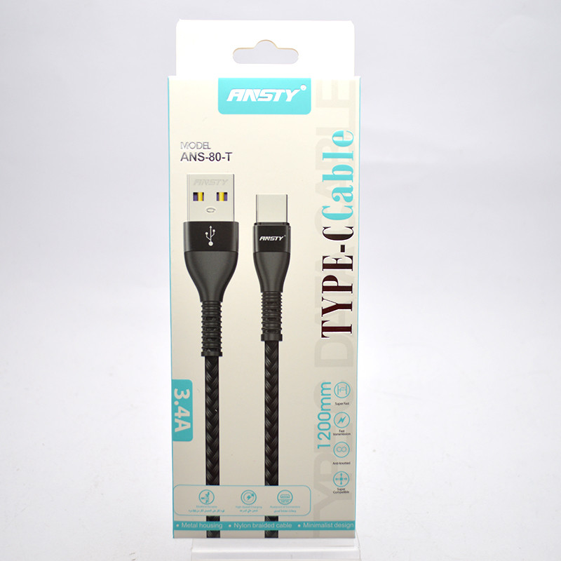 Кабель ANSTY ANS-80-T Nylon Type-C 3.1A 1.2M Black, фото 1