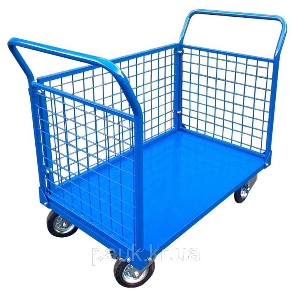 Візок на склад 500x750 мм, платформовий візок РПТ-008Н3- 125М, платформний візок з бортами з сітки, візок з трьома бортами, фото 1