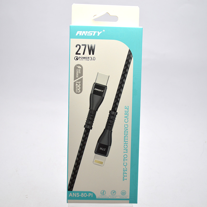 Кабель ANSTY ANS-80-PI Nylon Type-C to Lightning 27W 1.2M Black, фото 1