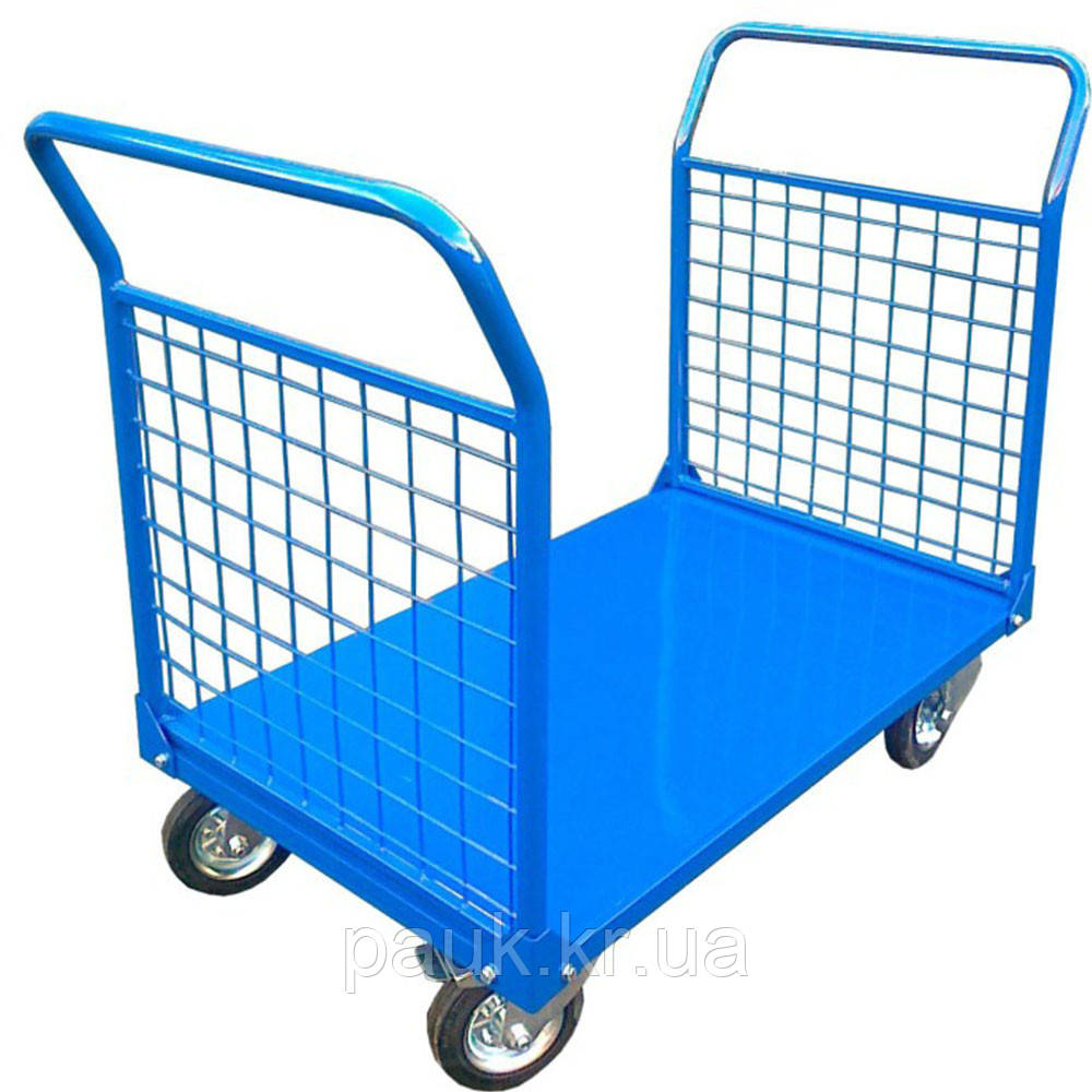 Торговий платформовий візок 700х1000 мм, вантажний візок РПТ-013Н2-200М, візок з двома ручками, візок з двома бортами з сітки, фото 1