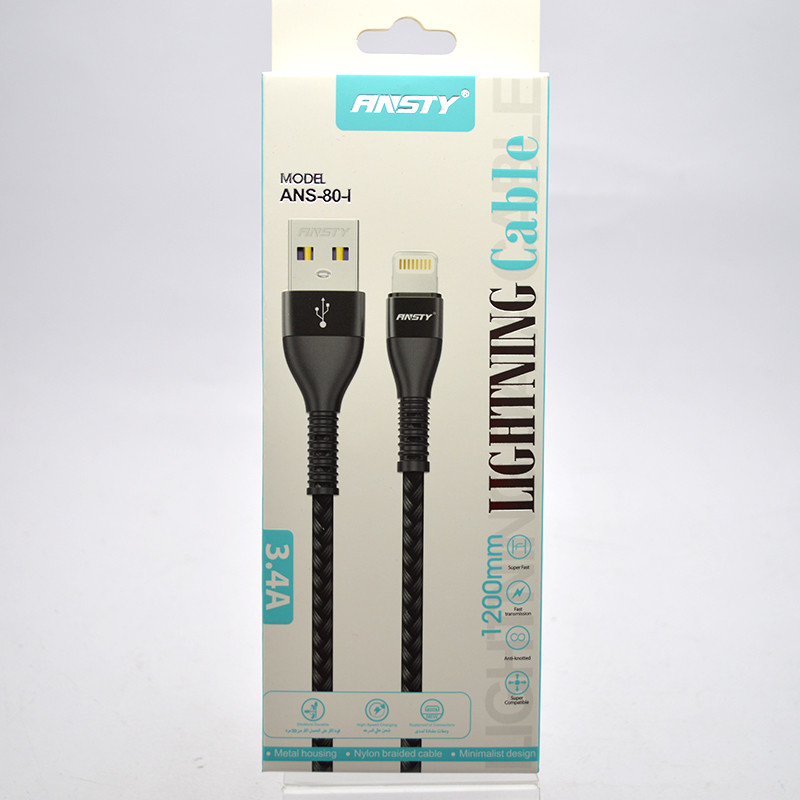 Кабель ANSTY ANS-80-I Nylon Lightning 3.1A 1.2M Black, фото 1