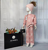 Детский розовый теплый вязаный костюм Chanel с кюлотами